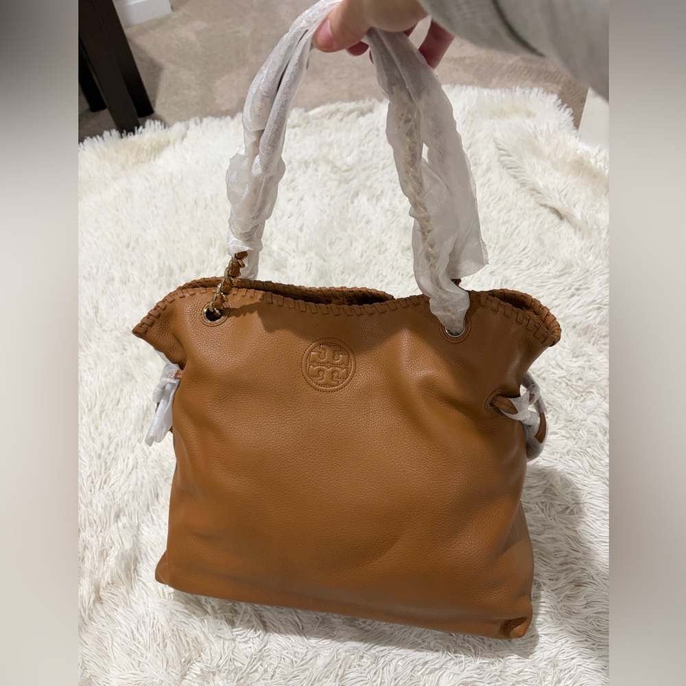 Tory Burch Marion Bark Brown Pebbled Leather  Bag - NWT - Picture 2 of 15
